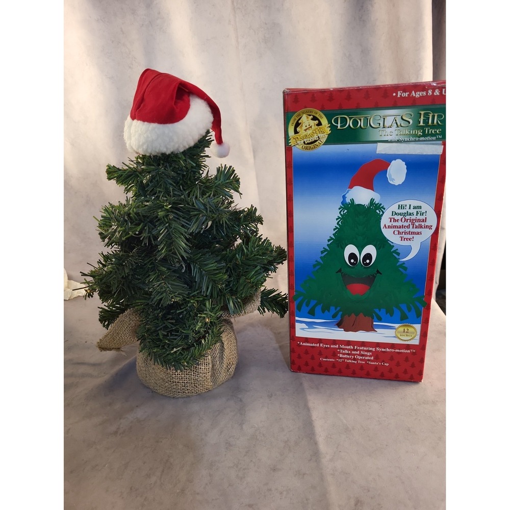 1997 Gemmy Douglas Fir Talking Christmas Tree 12" Animated WORKS w/ Box Burlap